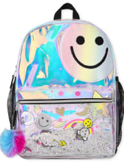 Mochila holográfica Shakey Happy Face para niñas, fiambrera de garabatos y estuche para lápices
