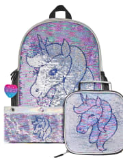 Mochila, fiambrera y estuche para lápices con diseño de unicornio y lentejuelas metálicas para niñas
