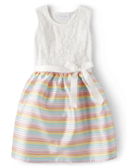 Girls Striped Lace Knit To Woven Dress