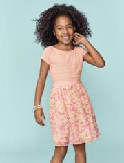 Girls Floral Knit To Woven Dress