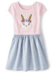 Girls Bunny Knit To Woven Dress