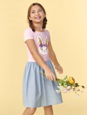 Girls Bunny Knit To Woven Dress