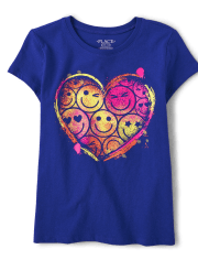 Camiseta con estampado de cara feliz y corazón para niñas