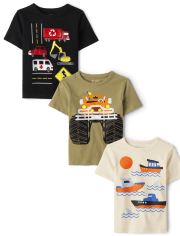 Paquete de 3 camisetas con estampado de vehículos para bebés y niños pequeños