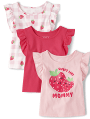 Paquete de 3 tops con aleteo de fresa para niñas pequeñas