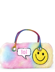 Girls Embroidered Happy Face Faux Fur Sunglasses Case