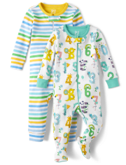 Unisex Baby And Toddler Striped Numbers Snug Fit Cotton One Piece Pajamas 2-Pack