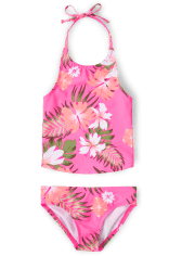 Girls Tropical Floral Halter Tankini Swimsuit