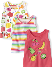 Pack de 3 camisetas sin mangas con estampado de frutas para niñas pequeñas