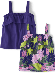 Paquete de 2 camisetas sin mangas con volantes tropicales para niñas pequeñas