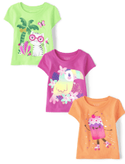 Paquete de 3 camisetas con estampado de animales tropicales para bebés y niñas pequeñas