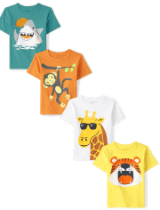 Paquete de 4 camisetas con estampado de animales para bebés y niños pequeños
