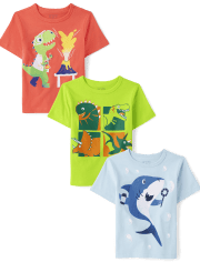 Paquete de 3 camisetas con estampado de dinosaurio y tiburón para bebés y niños pequeños