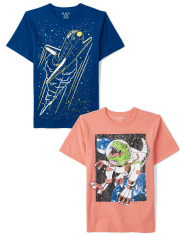 Boys Short Sleeve Dino Astronaut And Spaceship Graphic Tee 2