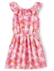 Girls Tie Dye Jacquard Eyelet Ruffle Dress