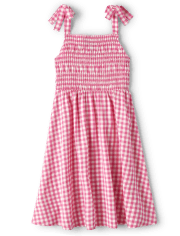 Girls Gingham Tie Shoulder Dress