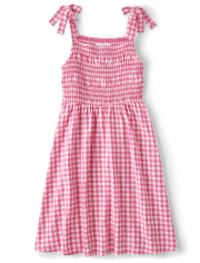 Girls Gingham Tie Shoulder Dress