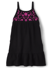 Girls Embroidered Floral Gauze Ruffle Dress