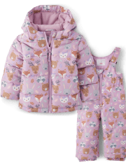 Toddler Girls Long Sleeve Animal Print Puffer Jacket And Sleeveless Solid Snow Overalls 2 Piece Snow Set PURPLE The Children s Place