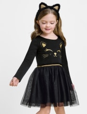 Baby And Toddler Girls Cat Knit To Woven Dress