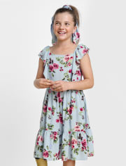 Baby Girls Mommy And Me Sleeveless Floral Print Challis Woven Flutter Dress