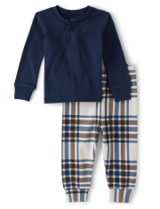 Baby And Toddler Boys Plaid Henley Snug Fit Cotton Pajamas