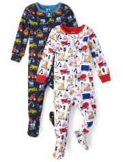 Baby And Toddler Boys Construction Vehicle Snug Fit Cotton One Piece Pajamas 2-Pack