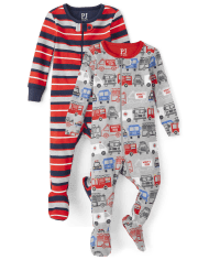 Baby And Toddler Boys Rescue Truck Snug Fit Cotton One Piece Pajamas 2-Pack