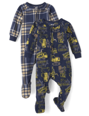 Pijamas de una pieza de forro polar para camión de construcción a cuadros para bebés y niños pequeños, paquete de 2