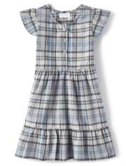 Girls Plaid Button Front Poplin Tiered Dress