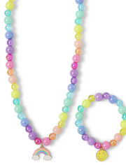 Girls Rainbow Beaded Necklace And Bracelet Set