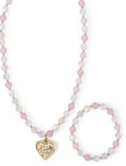 Girls Heart Locket Beaded Necklace And Bracelet 2-Piece Set