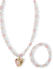 Girls Heart Locket Beaded Necklace And Bracelet 2-Piece Set