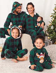 Unisex Adult Matching Family Buffalo Plaid Moose Microfleece Hooded One Piece Pajamas