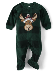 Unisex Baby And Toddler Matching Family Buffalo Plaid Moose Fleece Footed One Piece Pajamas