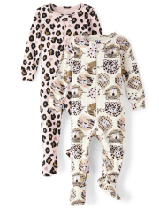 Baby And Toddler Girls Leopard Snug Fit Cotton Footed One Piece Pajamas 2-Pack