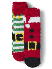 Paquete de 2 calcetines acogedores unisex con traje de elfo de Papá Noel familiar a juego para niños