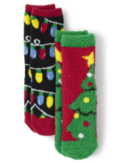Calcetines acogedores unisex para niños con luces familiares a juego, árbol de Navidad, paquete de 2