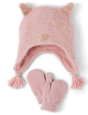Baby And Toddler Girls Cat Hat And Mittens 2-Piece Set