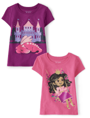 Paquete de 2 camisetas con estampado de princesa para bebés y niñas pequeñas