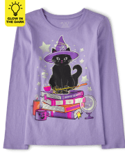 Girls Halloween Glow In The Dark Short Sleeve Cat Books Graphic Tee