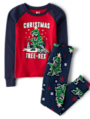 Kids Matching Family Glow Christmas Tree-Rex Snug Fit Cotton Pajamas