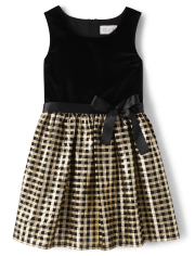 Girls Gingham Velour Fit And Flare Dress