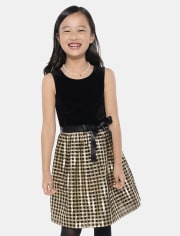 Girls Gingham Velour Fit And Flare Dress