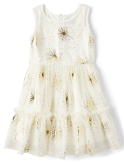 Vestido escalonado de malla con estrellas metalizadas para niñas