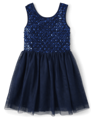 Girls Sequin Mesh Fit And Flare Dress