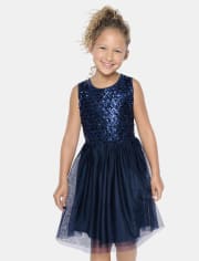 Girls Sequin Mesh Fit And Flare Dress