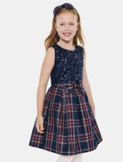Girls Matching Family Sequin Plaid Fit And Flare Dress