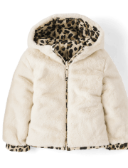 Chaqueta reversible de piel sintética de leopardo para niñas pequeñas
