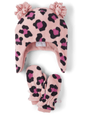 Toddler Girls Leopard Fleece Pom Pom Hat And Mittens 2-Piece Set